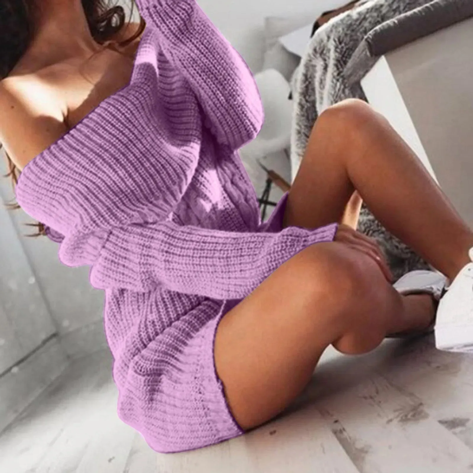 Sweaters For Women Trendy 2024 Womens Sweater Dress Line Neck Off Shoulder Long Sleeve Hip Knit Sweater Loose Dress 여성여름옷