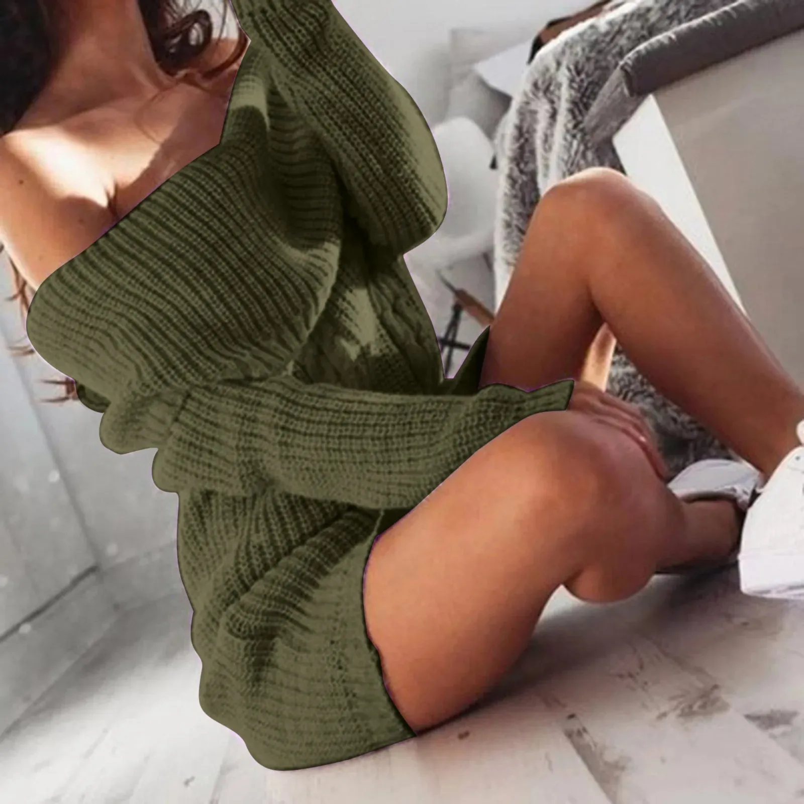 Sweaters For Women Trendy 2024 Womens Sweater Dress Line Neck Off Shoulder Long Sleeve Hip Knit Sweater Loose Dress 여성여름옷