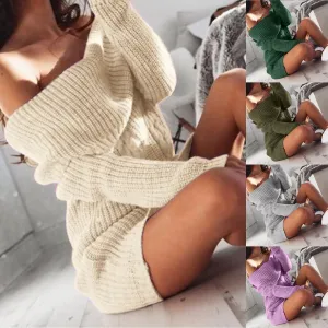 Sweaters For Women Trendy 2024 Womens Sweater Dress Line Neck Off Shoulder Long Sleeve Hip Knit Sweater Loose Dress 여성여름옷
