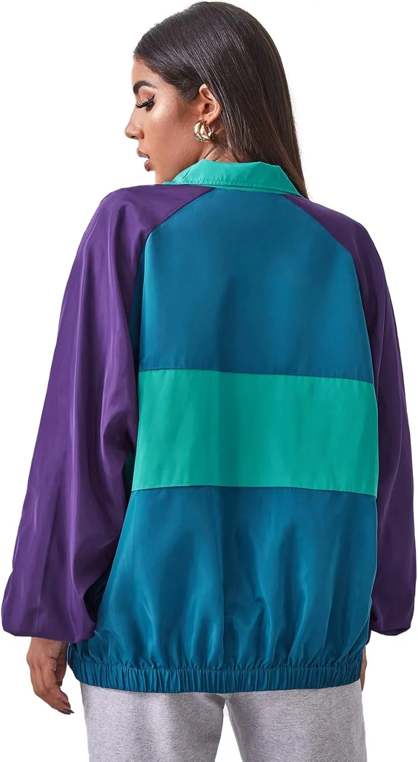 SweatyRocks Women's Lightweight Windbreaker Patchwork Zipper Sport Jacket Coat Outerwear