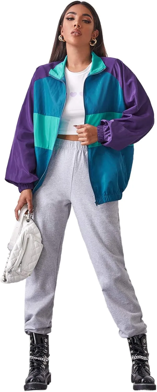 SweatyRocks Women's Lightweight Windbreaker Patchwork Zipper Sport Jacket Coat Outerwear
