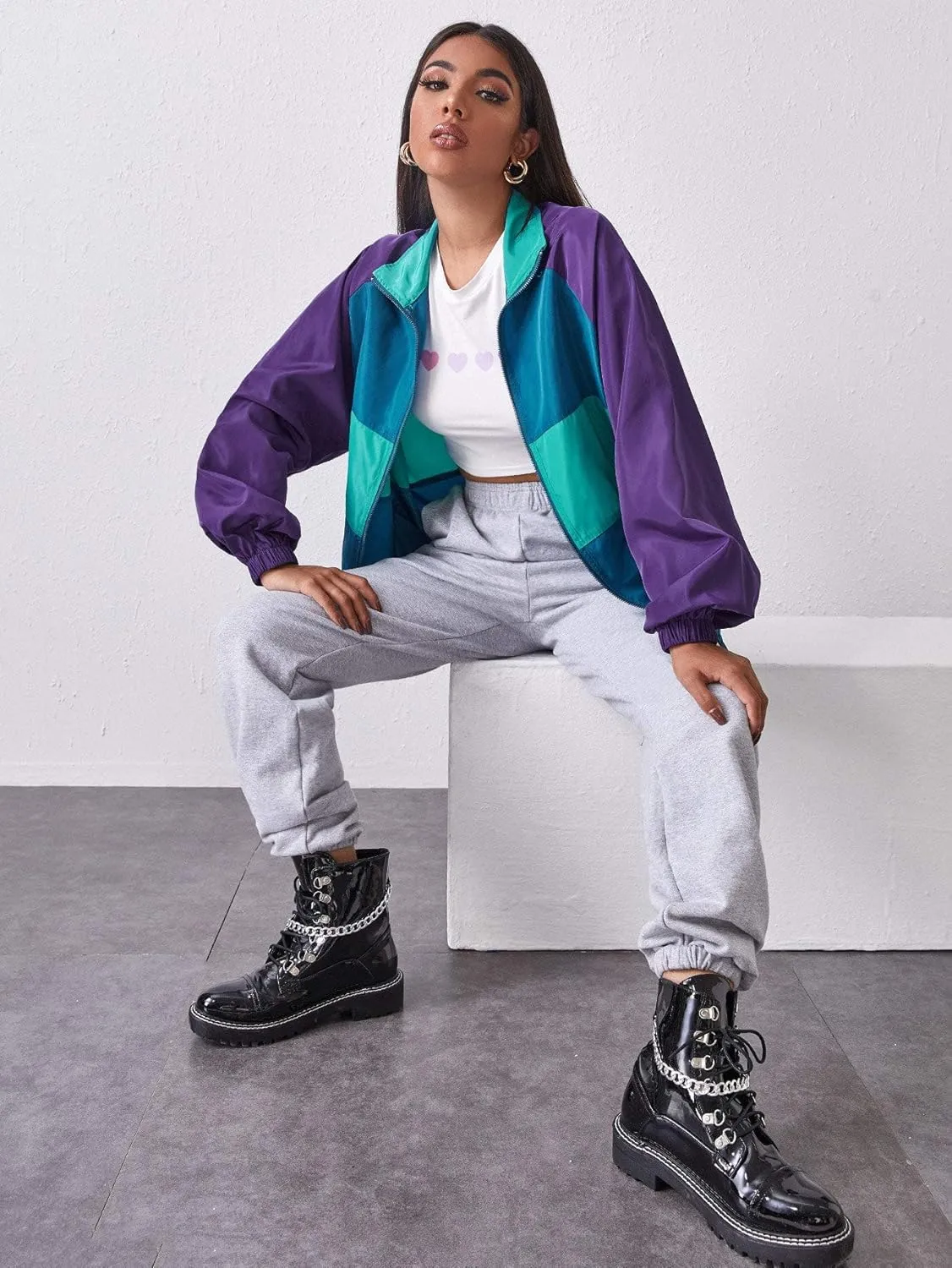 SweatyRocks Women's Lightweight Windbreaker Patchwork Zipper Sport Jacket Coat Outerwear