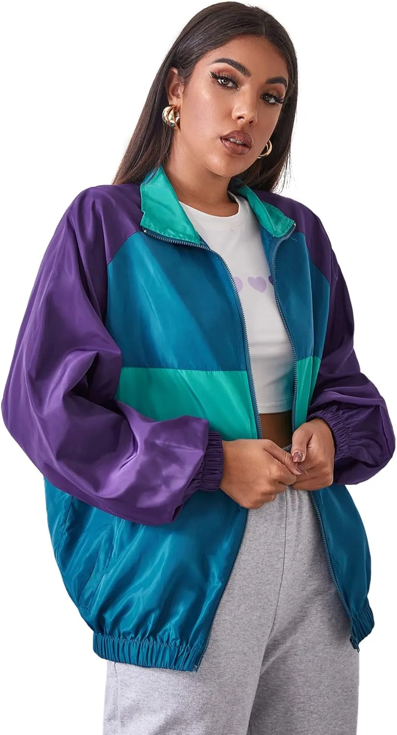 SweatyRocks Women's Lightweight Windbreaker Patchwork Zipper Sport Jacket Coat Outerwear