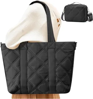SYCNB Laptop Tote for Women, Travel Shoulder Bag with Laptop Compartment, Quilted Purse with Toiletry Bag