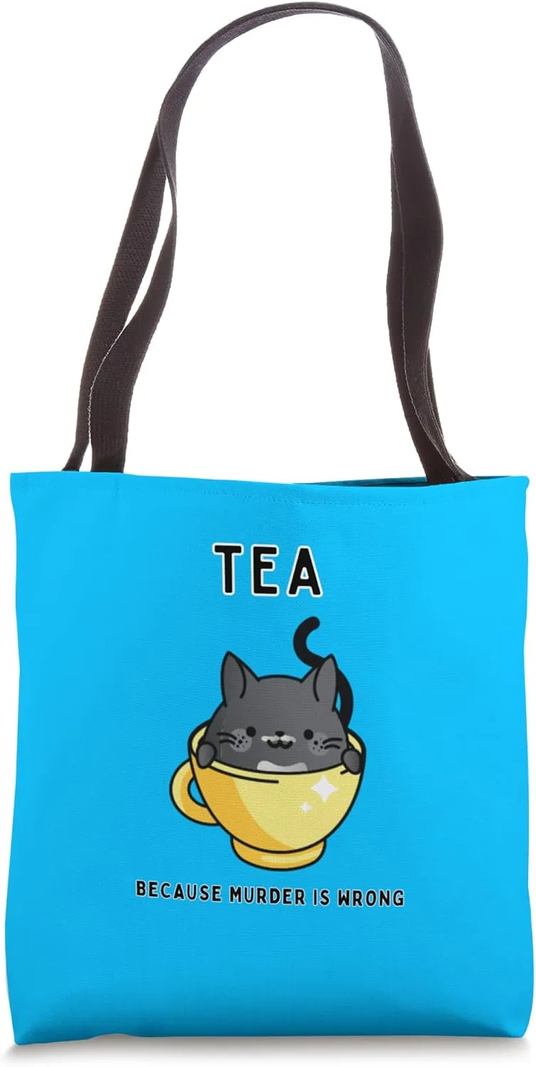 Tea Because Murder is Wrong | Cute Cat Tea Cup Cozy Mystery Tote Bag