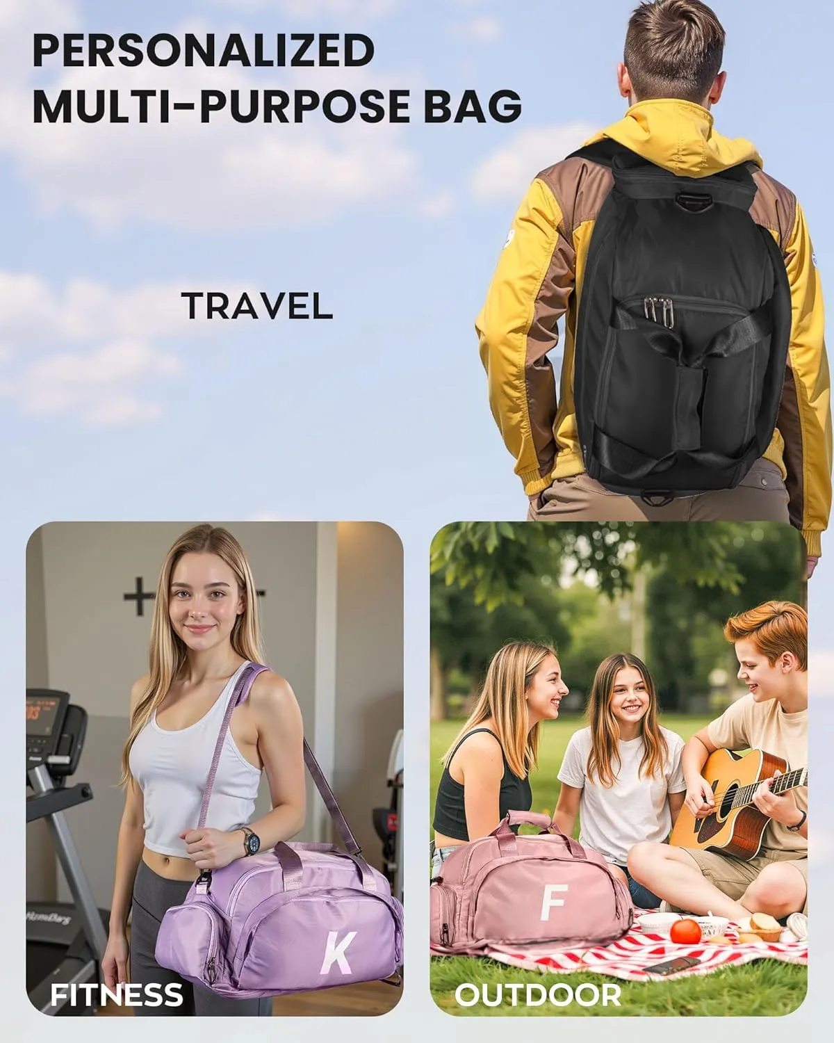 Teenage Gifts Idea, Initial Gym Bags with Shoe Compartment, Personalized Girl Duffel Bag, Monogram Kid Present Overnight Bags, Teen Weekend Bag Perfect for Travel (Letter M)