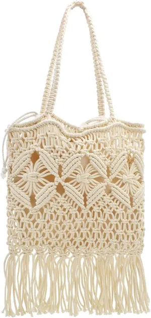 TeeYee Boho Crochet Summer Handbag Handmade Cotton Rope Knit Shoulder Bags for Women Bohemia Tote for Travel