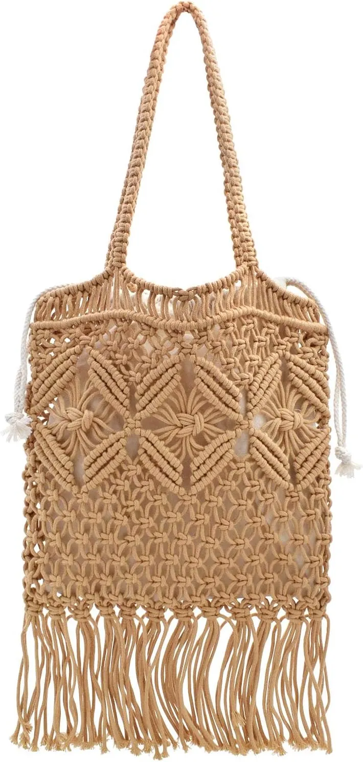 TeeYee Boho Crochet Summer Handbag Handmade Cotton Rope Knit Shoulder Bags for Women Bohemia Tote for Travel