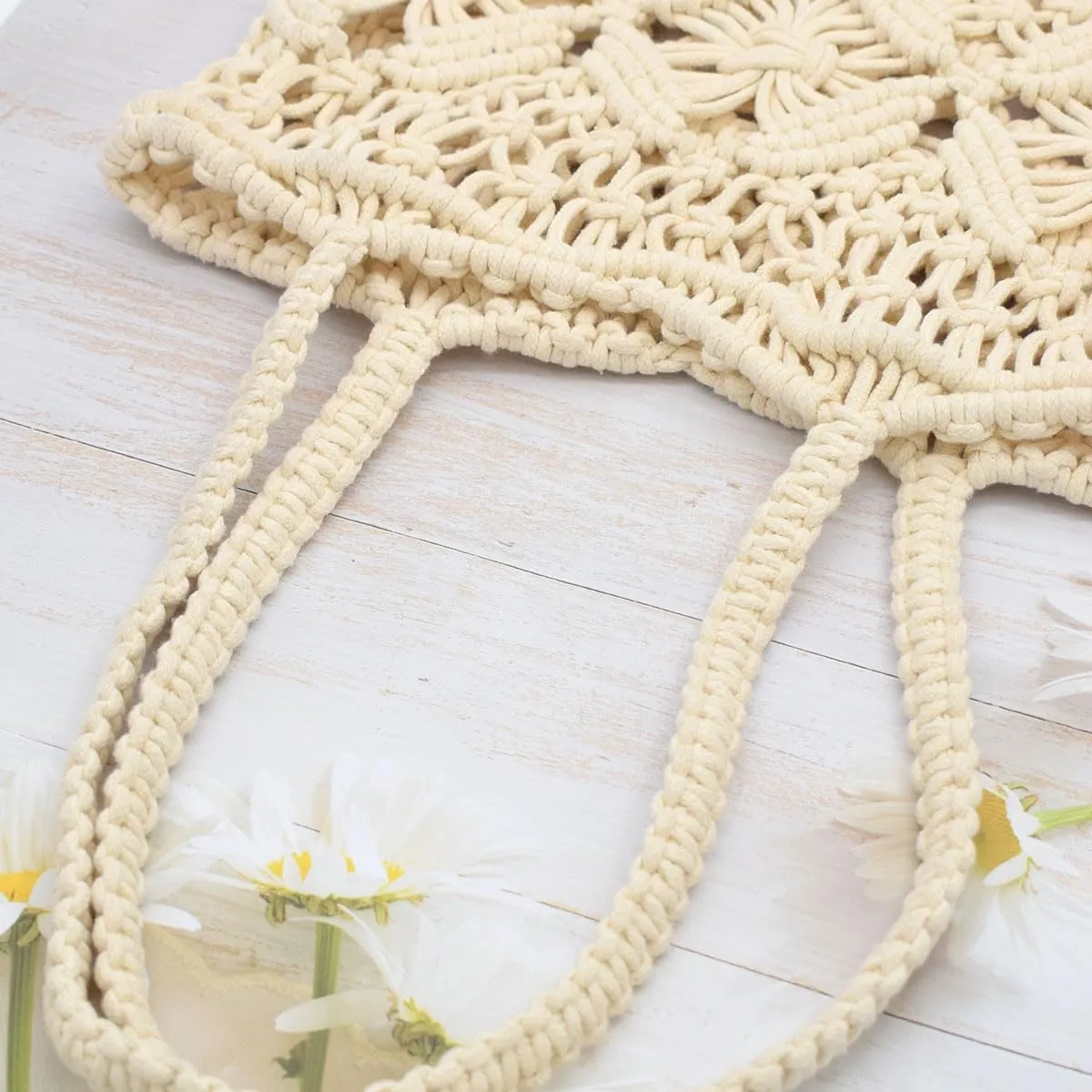 TeeYee Boho Crochet Summer Handbag Handmade Cotton Rope Knit Shoulder Bags for Women Bohemia Tote for Travel
