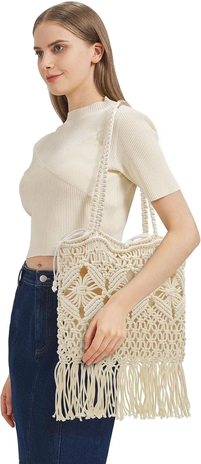 TeeYee Boho Crochet Summer Handbag Handmade Cotton Rope Knit Shoulder Bags for Women Bohemia Tote for Travel