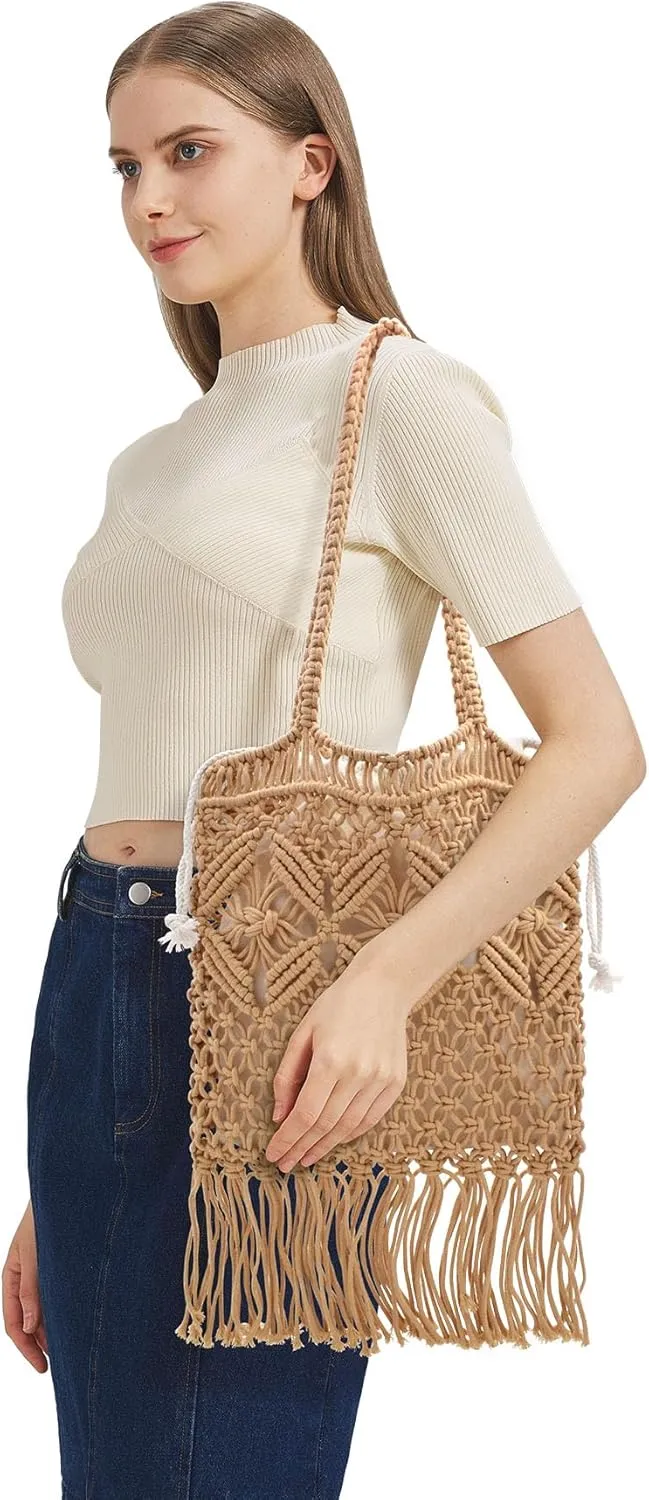 TeeYee Boho Crochet Summer Handbag Handmade Cotton Rope Knit Shoulder Bags for Women Bohemia Tote for Travel