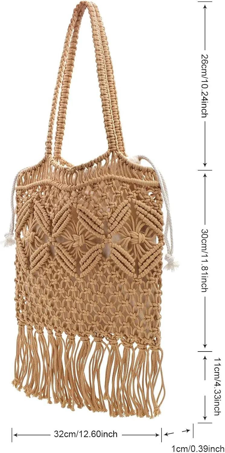 TeeYee Boho Crochet Summer Handbag Handmade Cotton Rope Knit Shoulder Bags for Women Bohemia Tote for Travel