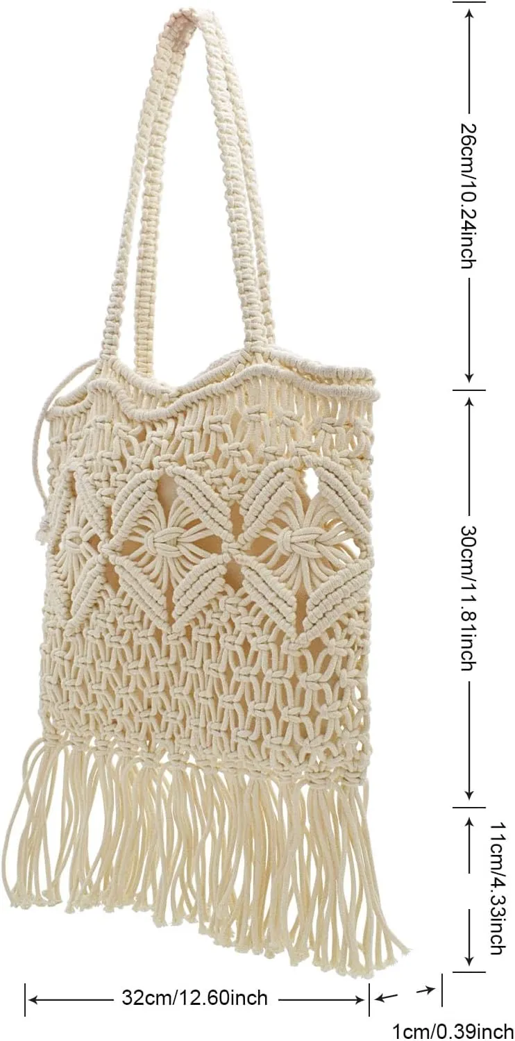 TeeYee Boho Crochet Summer Handbag Handmade Cotton Rope Knit Shoulder Bags for Women Bohemia Tote for Travel