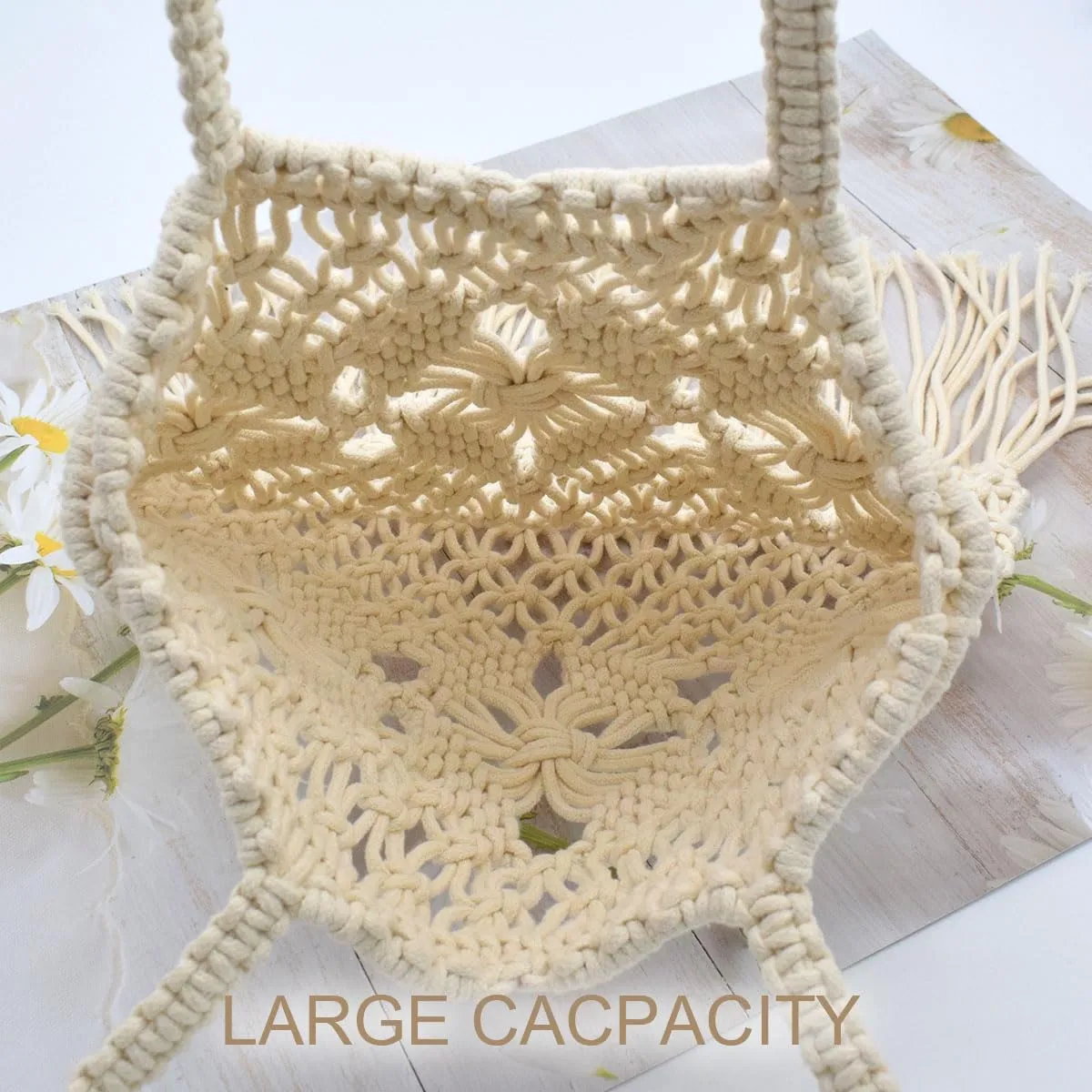 TeeYee Boho Crochet Summer Handbag Handmade Cotton Rope Knit Shoulder Bags for Women Bohemia Tote for Travel