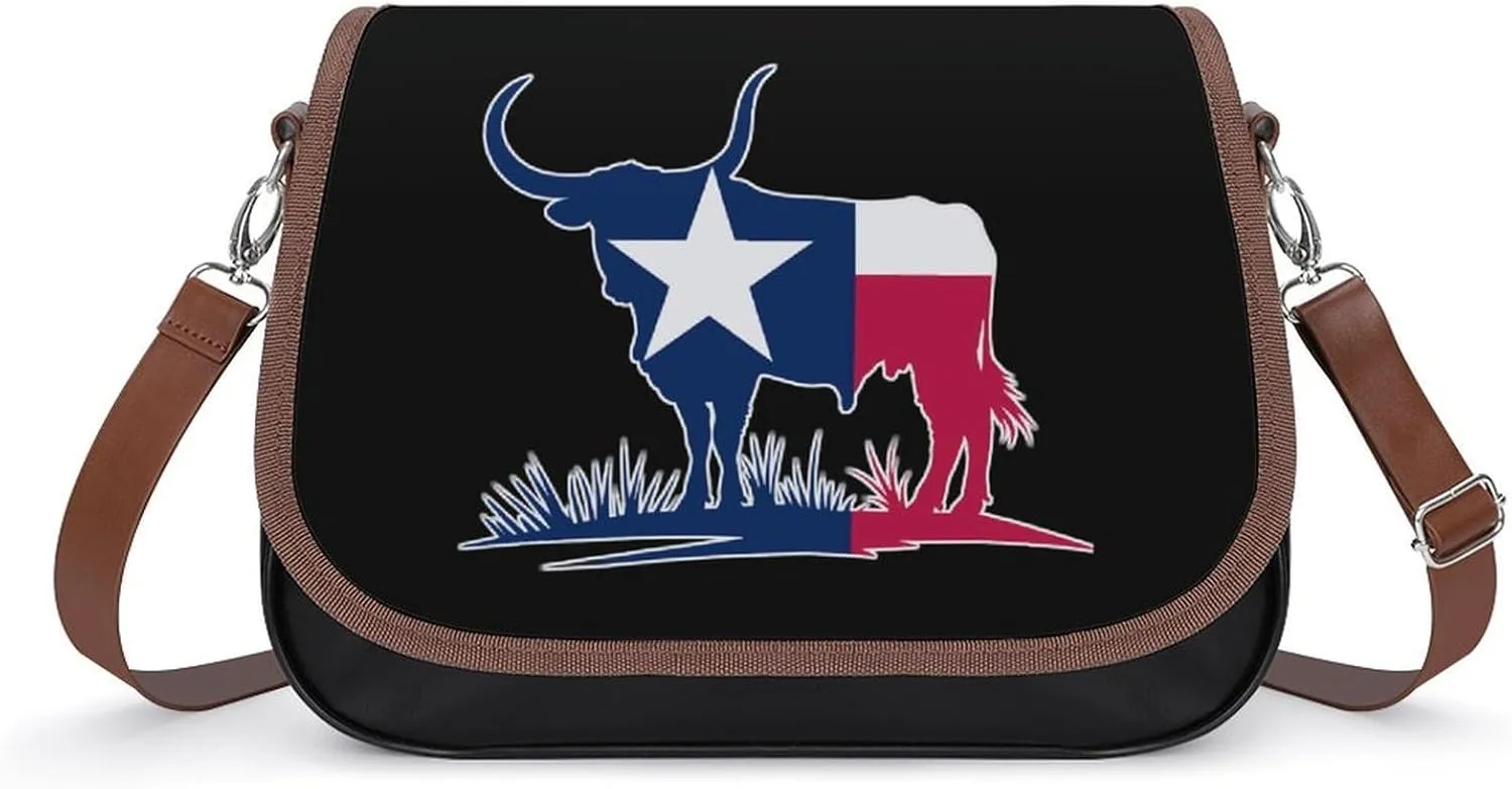 Texas Flag Longhorn Cow Crossbody Bags for Women PU Leather Tote Bag Purse Shoulder Bag for Travel Office