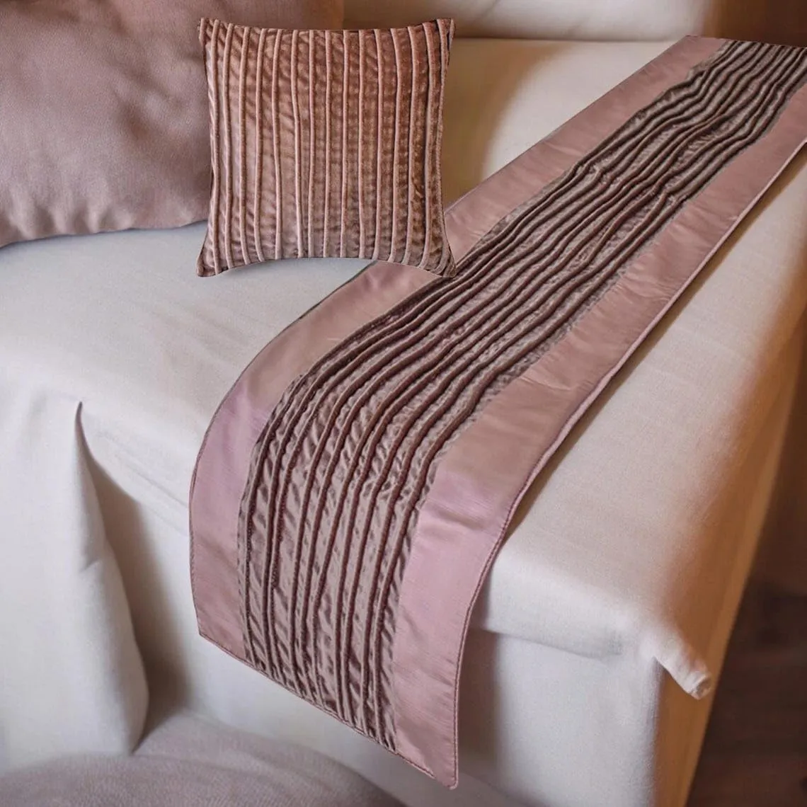 The HomeCentric King/Queen/Twin Mauve Decorative Bed Runner King 90"x18" Bed Runner with Two Pillow Cover, Pintucks, Textured, Satin, Patchwork Bed Scarf on Velvet Fabric - Mystic Mauve