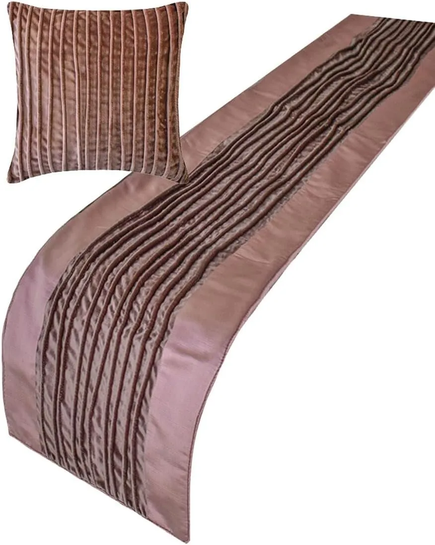 The HomeCentric King/Queen/Twin Mauve Decorative Bed Runner King 90"x18" Bed Runner with Two Pillow Cover, Pintucks, Textured, Satin, Patchwork Bed Scarf on Velvet Fabric - Mystic Mauve