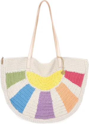 The Sak Faye Tote Bag in Crochet, Double Leather Shoulder Straps, Multi Sunbeam