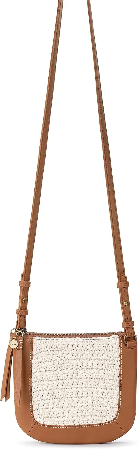 The Sak Paloma Double Crossbody in Leather and Crochet, Adjustable Crossbody Strap, Tobacco