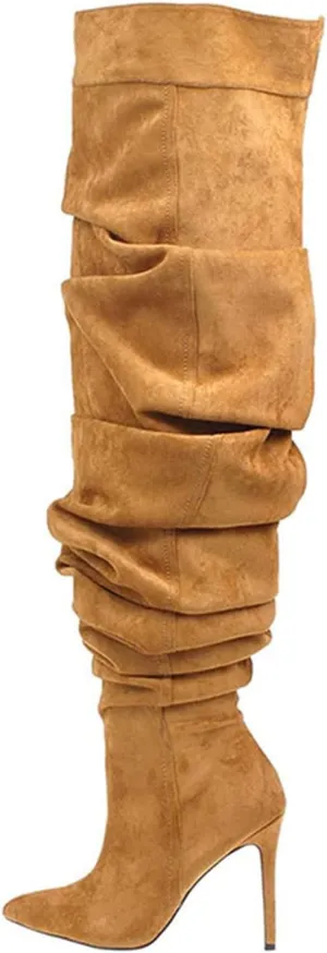 THESHY Women's Slouchy Over The Knee Boots Denim Pointed Toe Stiletto Heel Thigh High Boots Pleated Tall Fashion Sexy Bootie