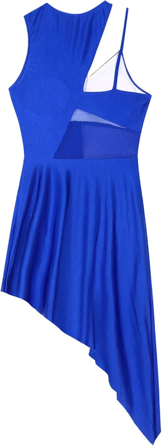 TiaoBug Women's Latin Ballroom Waltz Tango Samba Dance Dresses Sheer Mesh Asymmetrical Hem Dress