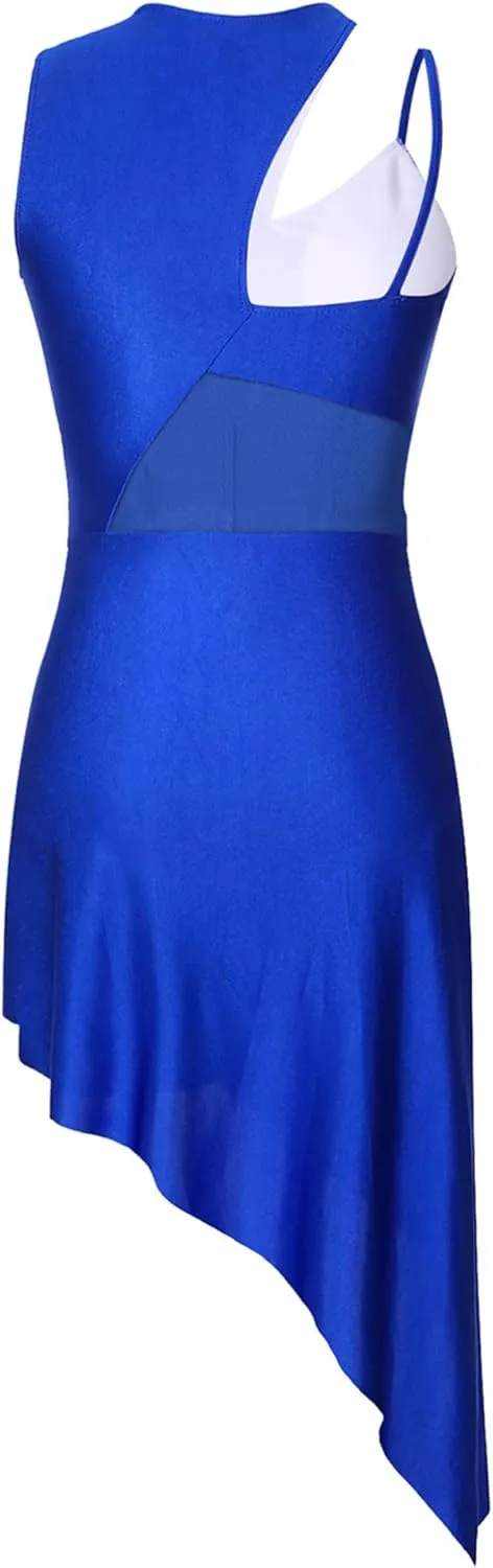 TiaoBug Women's Latin Ballroom Waltz Tango Samba Dance Dresses Sheer Mesh Asymmetrical Hem Dress