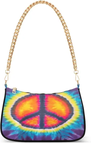 Tie Dye Peace Sign Design Shoulder Handbags for Women Travel Hobo Tote Handbag Women Gold Chain Shoulder Bags Purse with Zipper Closure