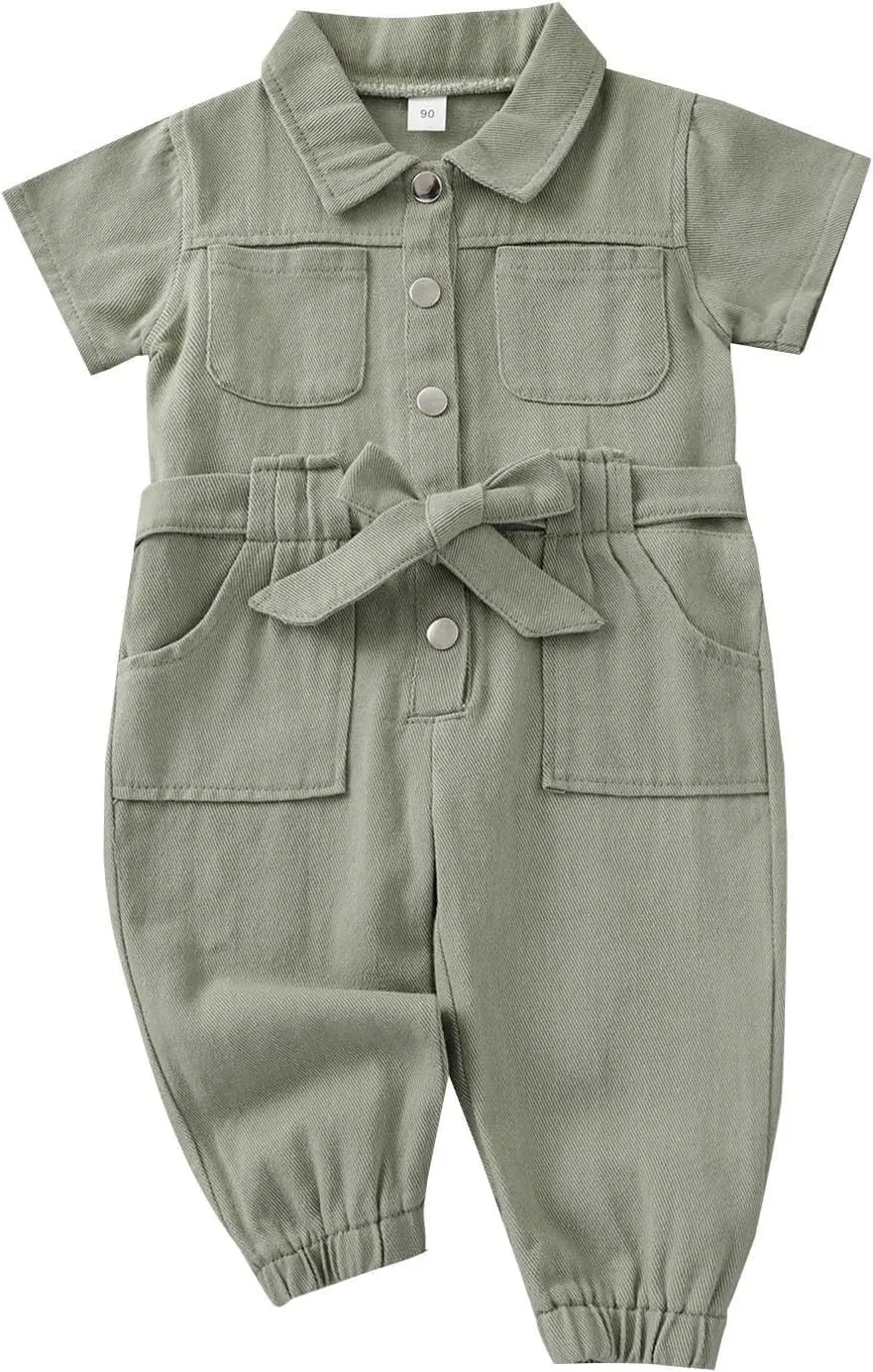 Toddler Baby Girl Summer Fall Basic Plain Short Sleeve Cotton Linen Romper Jumpsuit