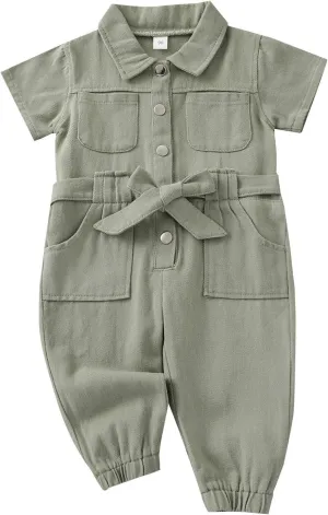 Toddler Baby Girl Summer Fall Basic Plain Short Sleeve Cotton Linen Romper Jumpsuit