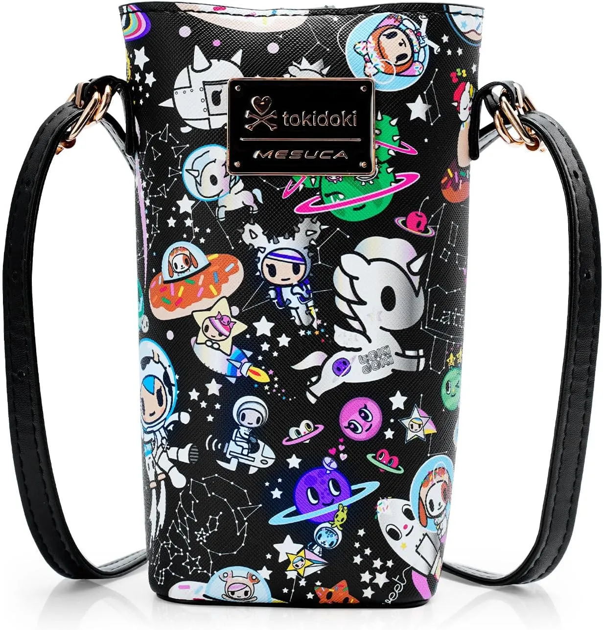 Tokidoki Small PVC Crossbody Purse, Button Cell Phone Bag Mini Shoulder Purse Wallet Smart Phone Pocket with Credit Card (Black)