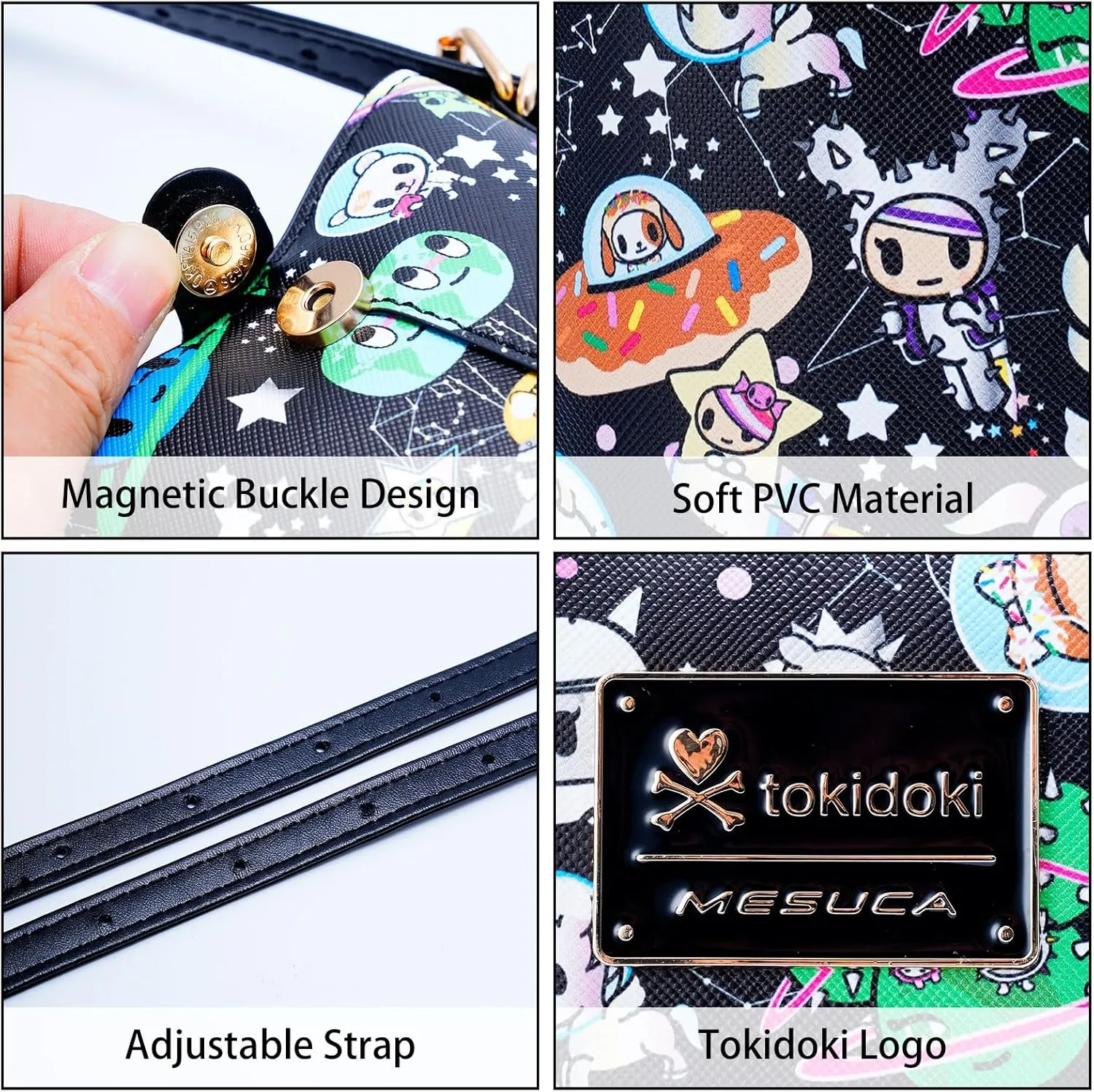 Tokidoki Small PVC Crossbody Purse, Button Cell Phone Bag Mini Shoulder Purse Wallet Smart Phone Pocket with Credit Card (Black)