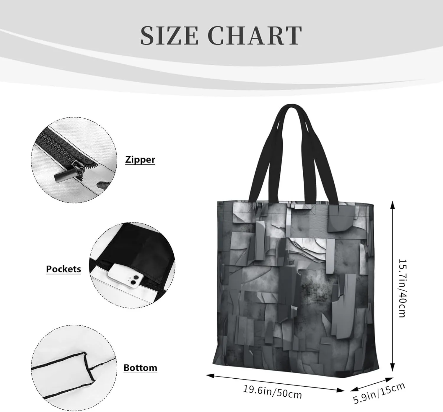 Tote Bag for Women Abstract Gray Shoulder Bag with Zipper Handbag Large Capacity Reusable Grocery Bag