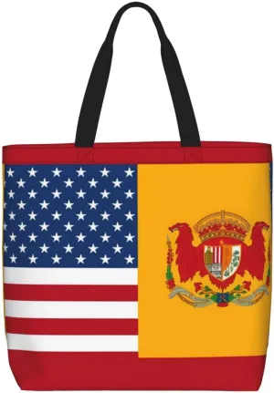 Tote Bag for Women American Spain Flag Shoulder Bag with Zipper Handbag Large Capacity Reusable Grocery Bag