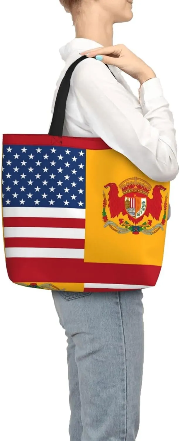 Tote Bag for Women American Spain Flag Shoulder Bag with Zipper Handbag Large Capacity Reusable Grocery Bag