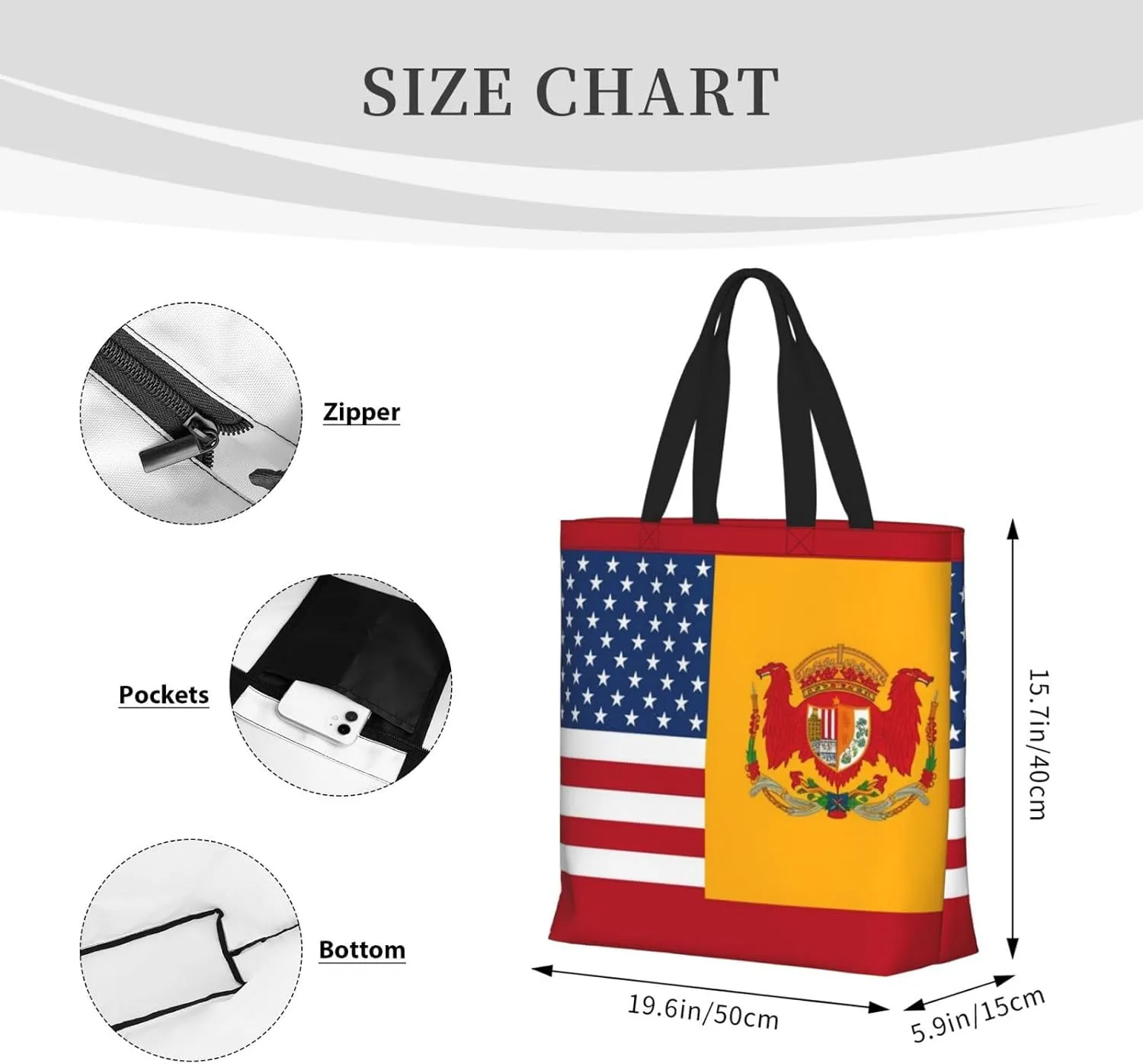 Tote Bag for Women American Spain Flag Shoulder Bag with Zipper Handbag Large Capacity Reusable Grocery Bag