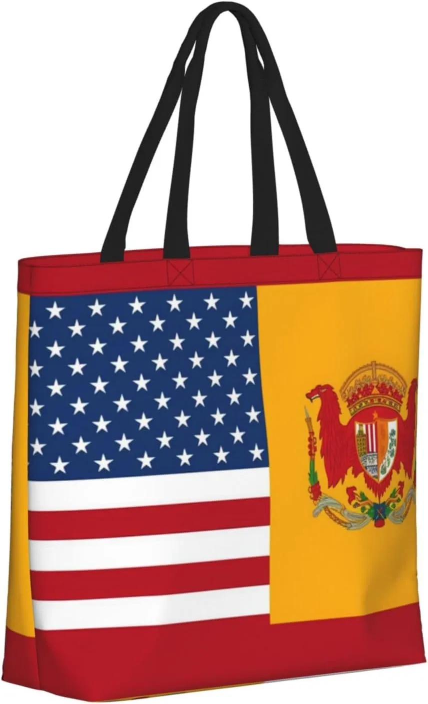 Tote Bag for Women American Spain Flag Shoulder Bag with Zipper Handbag Large Capacity Reusable Grocery Bag