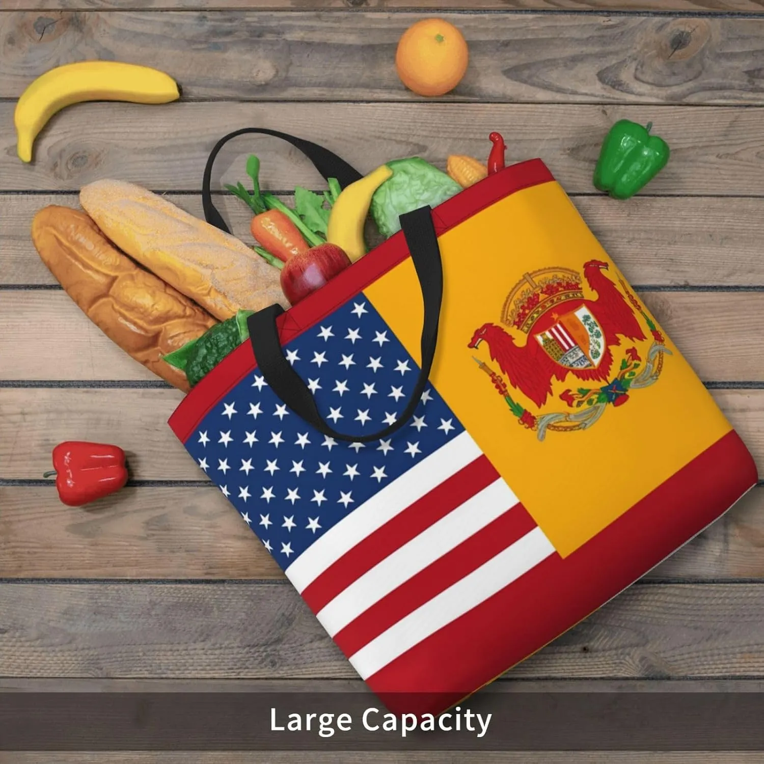 Tote Bag for Women American Spain Flag Shoulder Bag with Zipper Handbag Large Capacity Reusable Grocery Bag