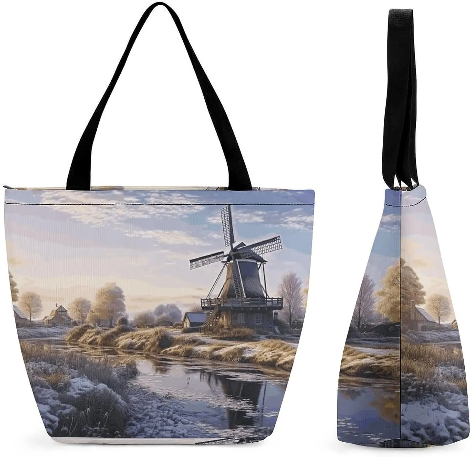 Tote Bag for Women Cute Handbags Landscape with A Traditional Windmill Reusable Grocery Bag with Zipper Shopping Bag Beach Bag Travel Bag Gym Bag for Mom Teachers Friends Bridesmaids