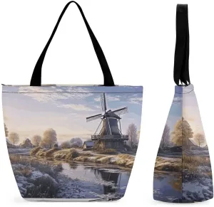 Tote Bag for Women Cute Handbags Landscape with A Traditional Windmill Reusable Grocery Bag with Zipper Shopping Bag Beach Bag Travel Bag Gym Bag for Mom Teachers Friends Bridesmaids