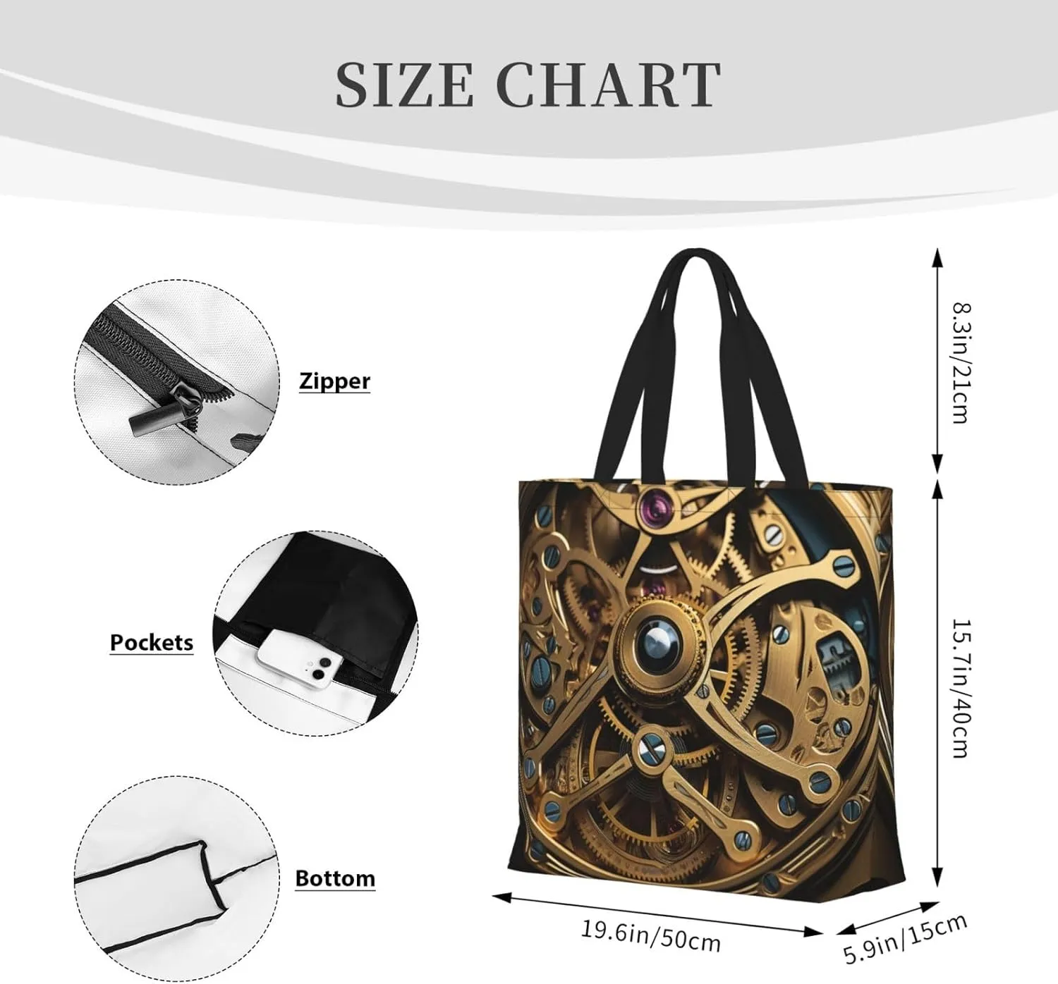 Tote Bag for Women Grocery Bag Reusable Shopping Bag Cool Steampunk Gears Handbag Foldable Shoulder Bag