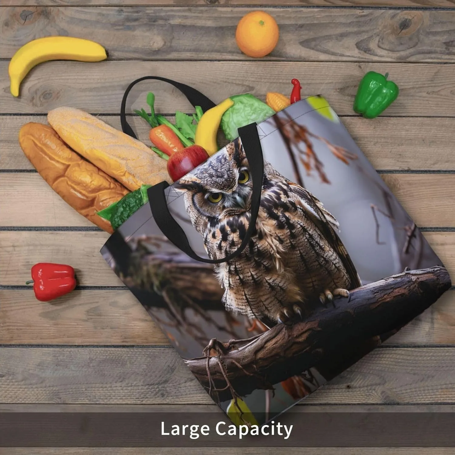 Tote Bag for Women Grocery Bag Reusable Shopping Bag Owl on a branch Handbag Foldable Shoulder Bag
