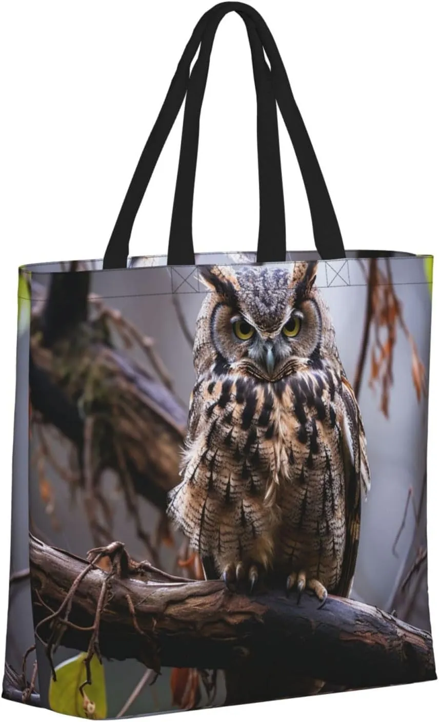 Tote Bag for Women Grocery Bag Reusable Shopping Bag Owl on a branch Handbag Foldable Shoulder Bag