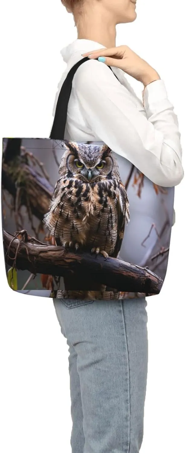 Tote Bag for Women Grocery Bag Reusable Shopping Bag Owl on a branch Handbag Foldable Shoulder Bag