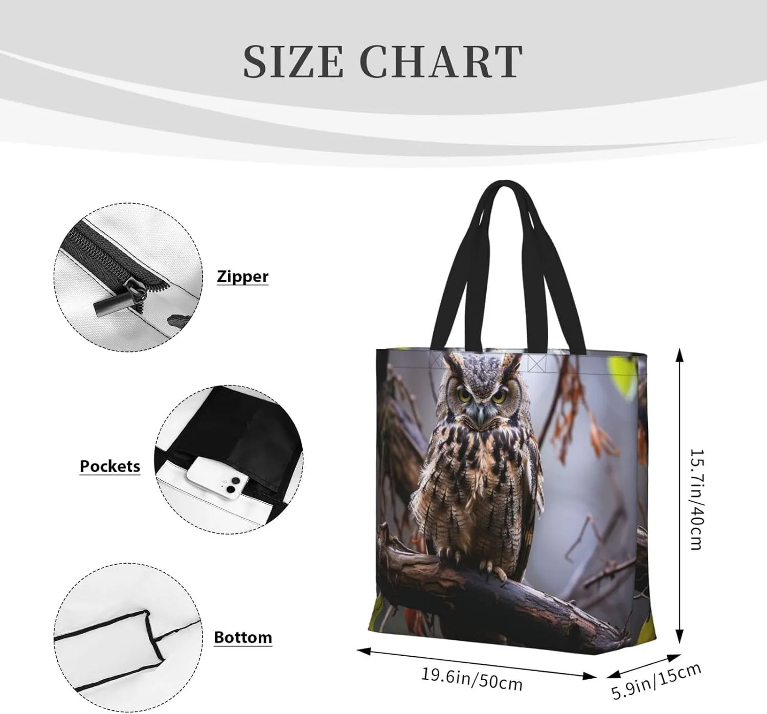 Tote Bag for Women Grocery Bag Reusable Shopping Bag Owl on a branch Handbag Foldable Shoulder Bag