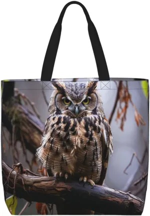Tote Bag for Women Grocery Bag Reusable Shopping Bag Owl on a branch Handbag Foldable Shoulder Bag