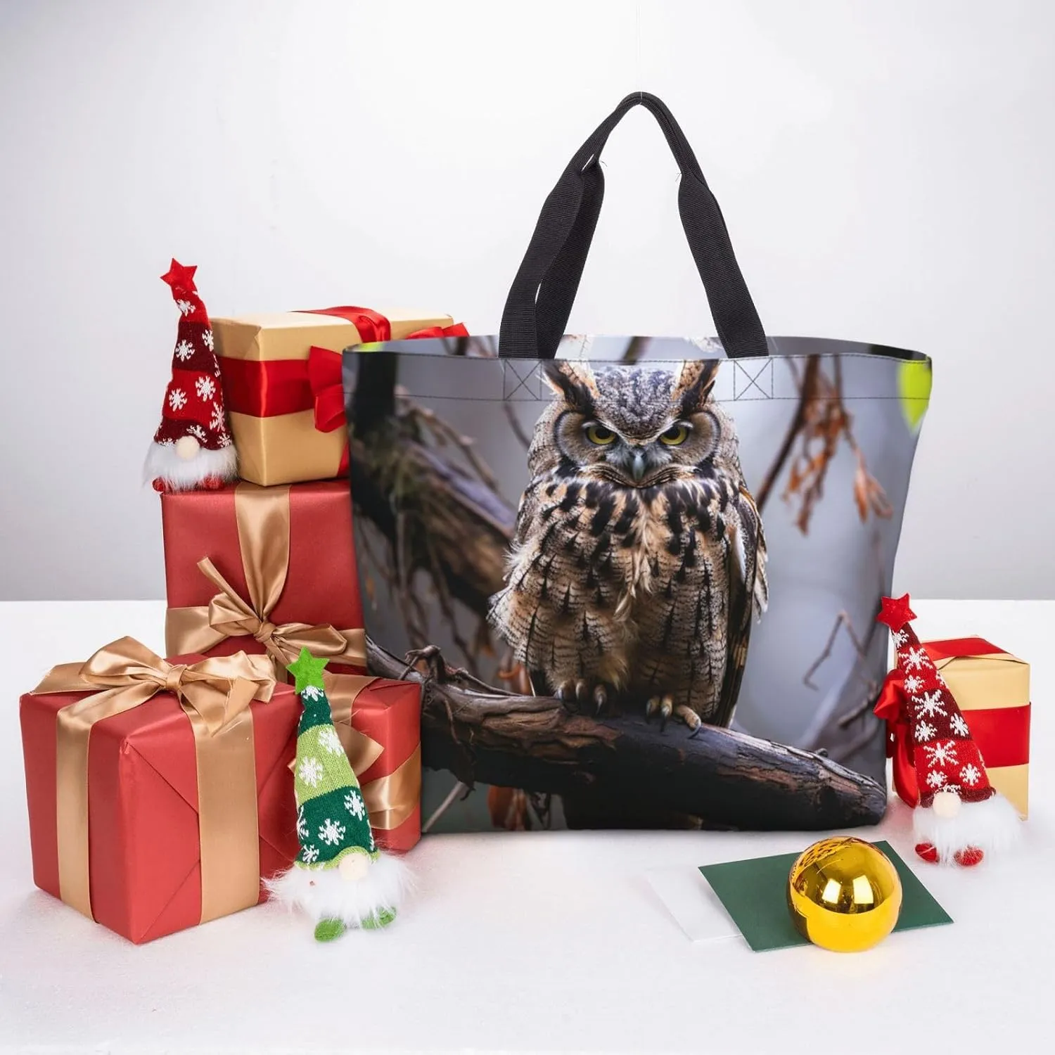 Tote Bag for Women Grocery Bag Reusable Shopping Bag Owl on a branch Handbag Foldable Shoulder Bag