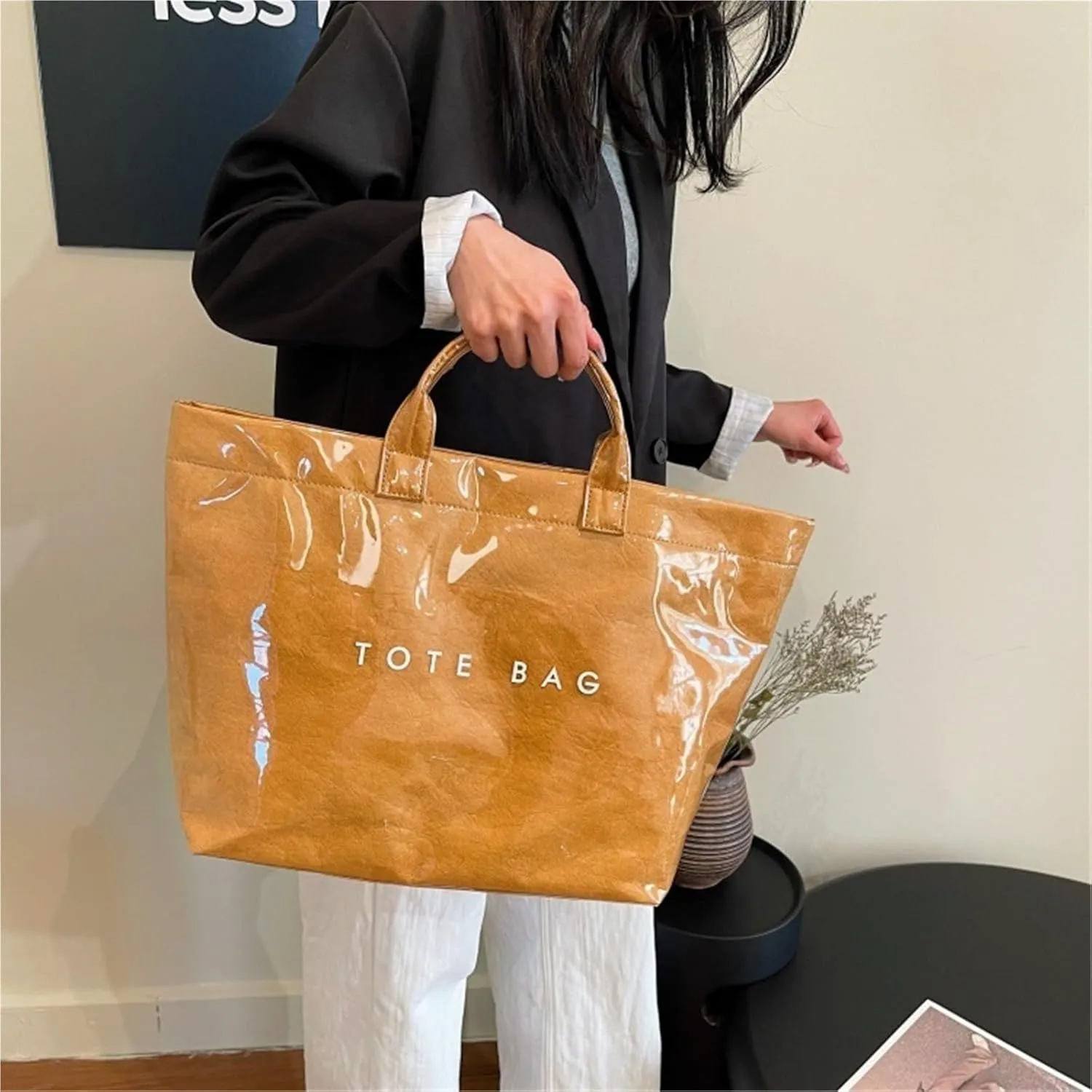 Tote Bag for Women Large Letters Print Handbags Kraft Paper Tote Bag Hobo Bags Clear Plastic PVCTote Bag for Work