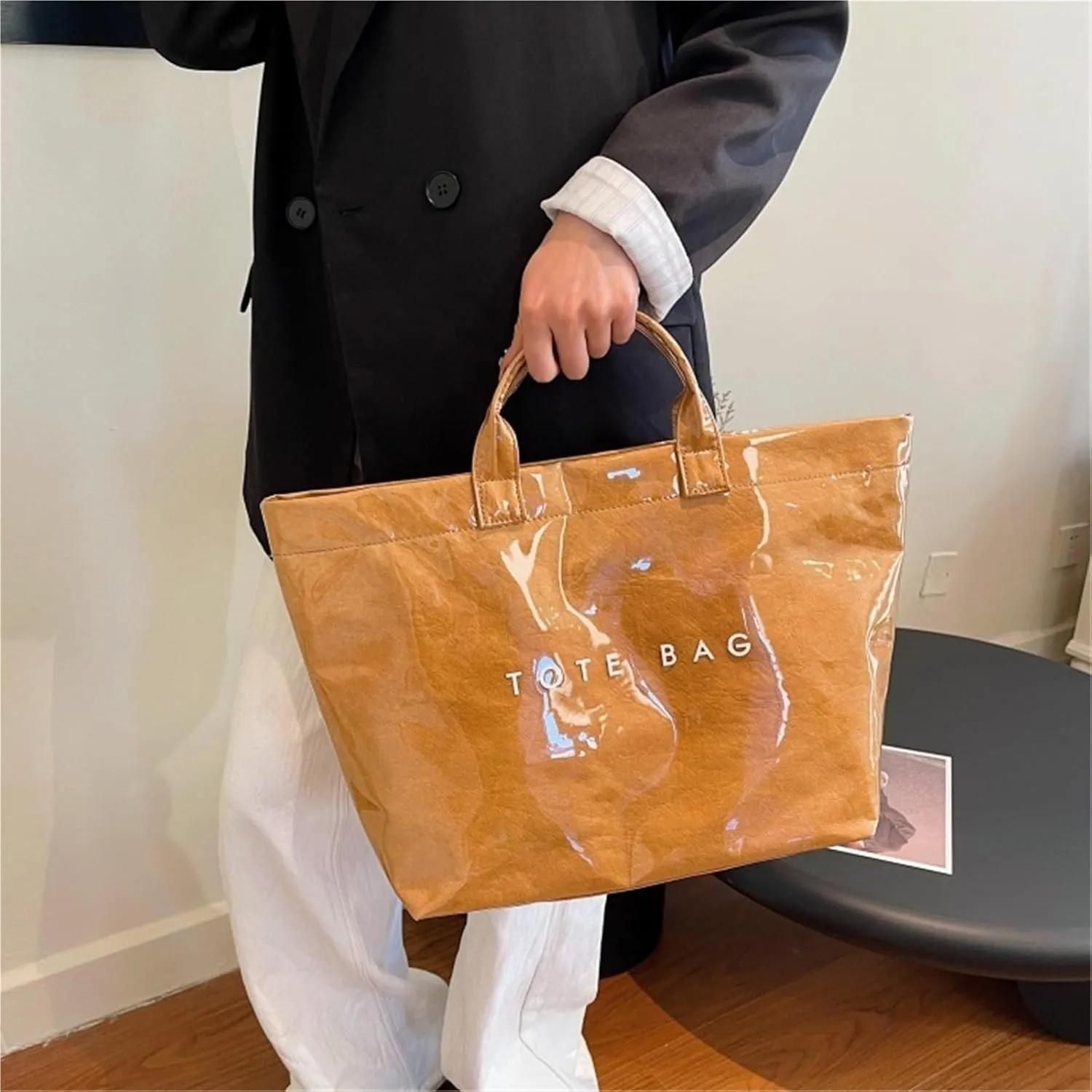 Tote Bag for Women Large Letters Print Handbags Kraft Paper Tote Bag Hobo Bags Clear Plastic PVCTote Bag for Work