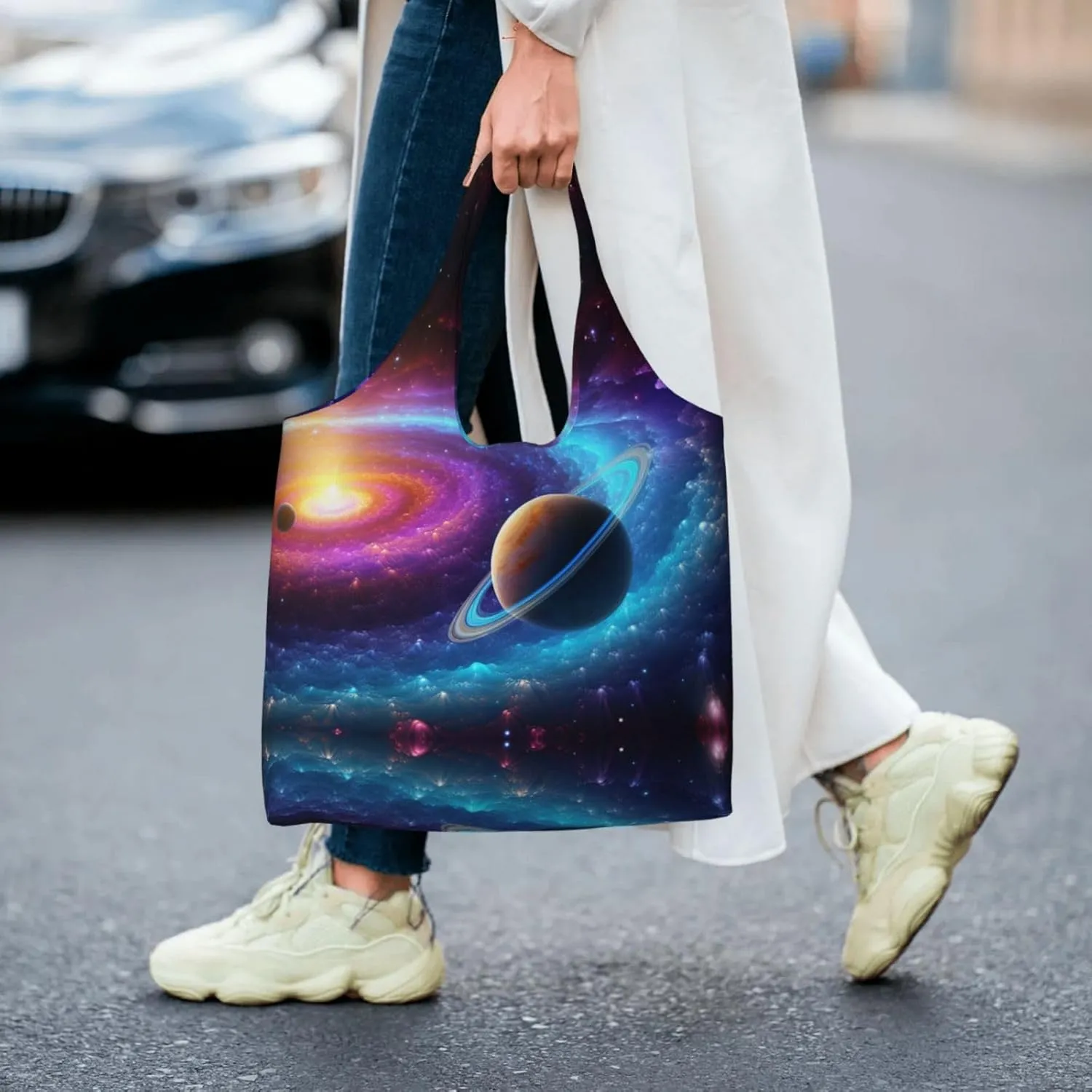 Tote Bag for Women Reusable Grocery Bag Canvas Shopping Bag Colorful Solar System Handbag Foldable Shoulder Bag