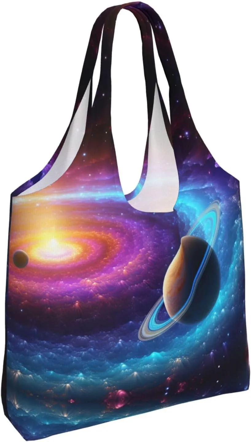Tote Bag for Women Reusable Grocery Bag Canvas Shopping Bag Colorful Solar System Handbag Foldable Shoulder Bag